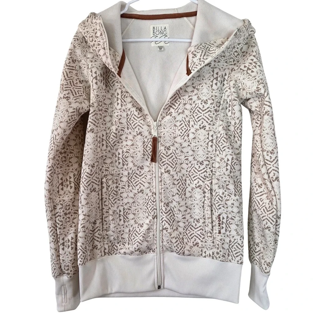 Billabong Women's S Full Zip Hoodie Brown Cream Geometric Print Fleece